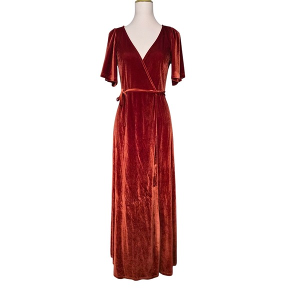Baltic Born Velvet Wrap Maxi Dress Rust Burnt Orange Flutter Sleeve Size S - Picture 2 of 10